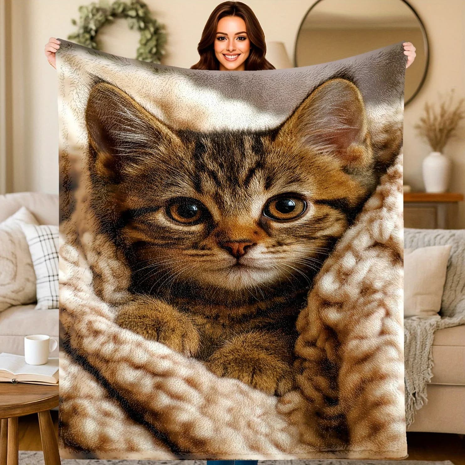 Cute Tabby Kitten Flannel Blanket 3D Cat Print Soft Warm Throw Blanket for Cat Lovers Bed Sofa Couch Home Decor Multiple Sizes