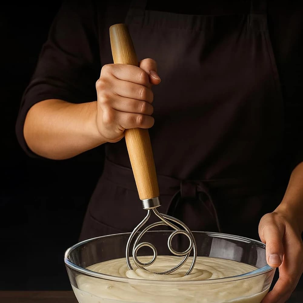 Frusta per Impasto in Acciaio Inox 304 con Manico Liscio in Legno, per Impasto Madre e Pane, 13 Pollici, Utensile per Pane Danese