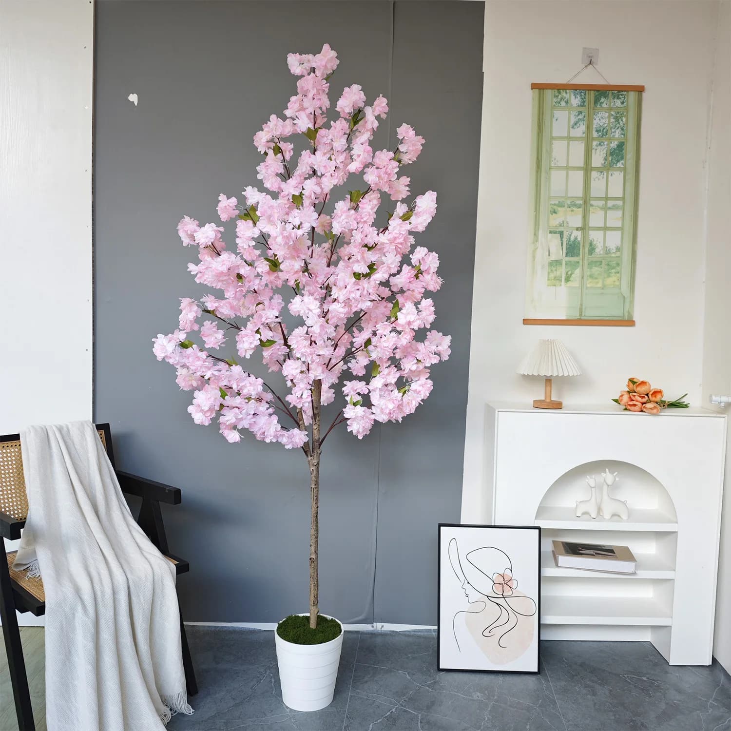 Albero di Ciliegio Artificiale Grande Pianta Finta 150/200CM Decorazione per Soggiorno Familiare Paesaggistica Pianta di Ciliegio in Vaso