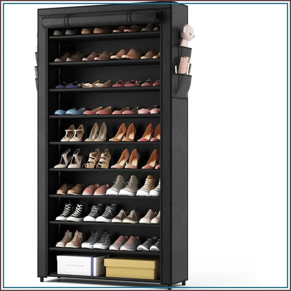 10 Tier Shoe Rack with Covers, Large Capacity Stackable Tall Shoe Shelf for 50-55 Pairs Shoes and Boots, Sturdy Metal Free Standing Organizer for Closet Entryway Garage