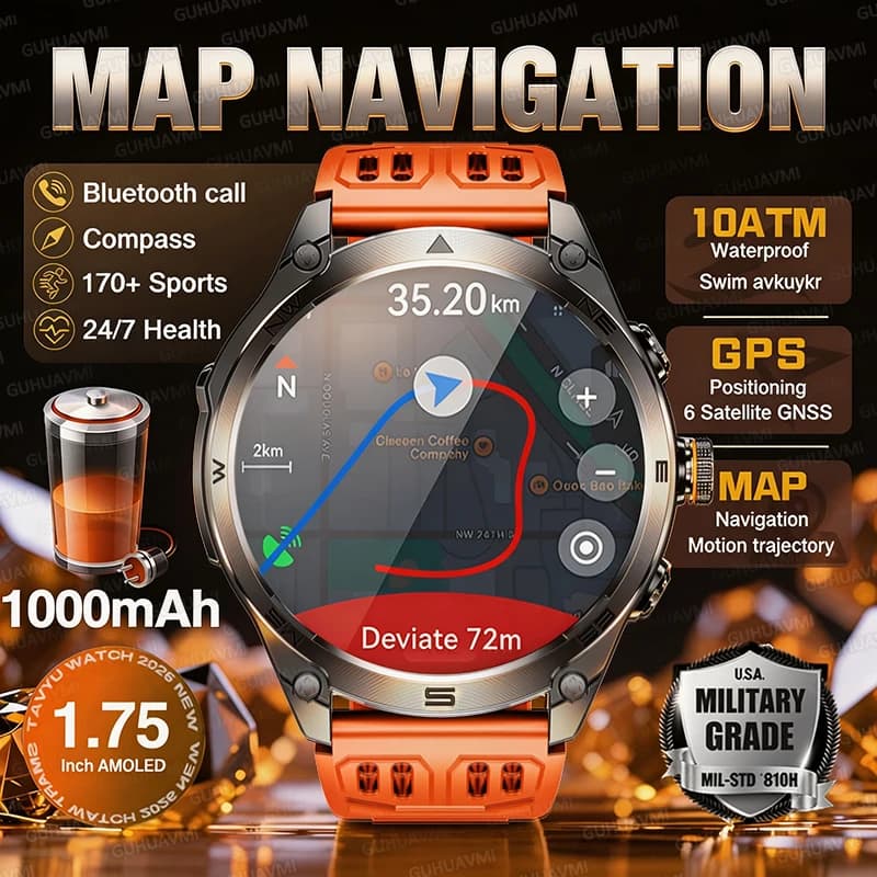 New GPS Smartwatch 2026 with Navigation, 1000mAh Battery, 10ATM Waterproof, Sports Tracker for Swimming, LED, for Open and Militari Activities