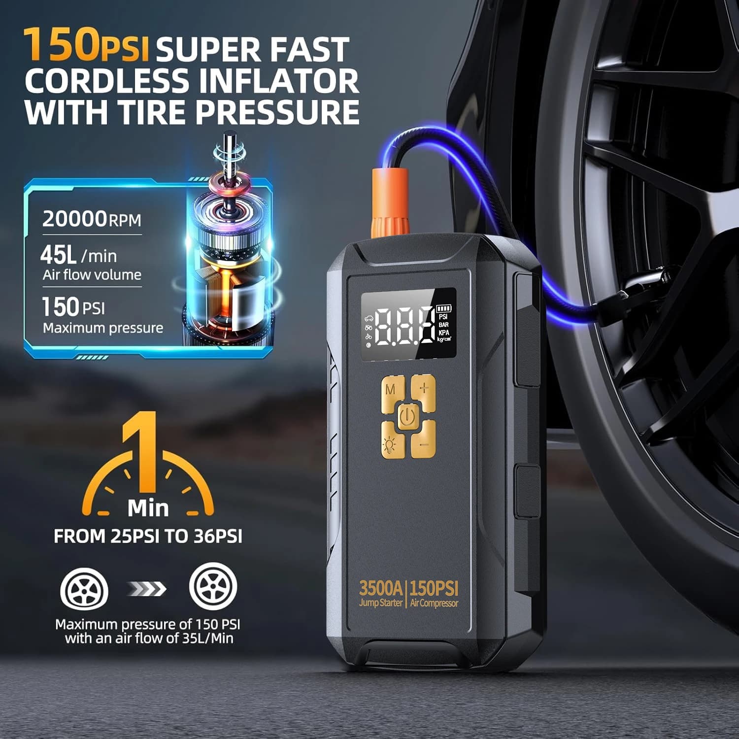 Avviatore d'Emergenza per Auto 3500A con Compressore d'Aria 150PSI, Gonfiatore Pneumatici, Power Bank Portatile, Luce LED di Emergenza, Booster Batteria per Auto