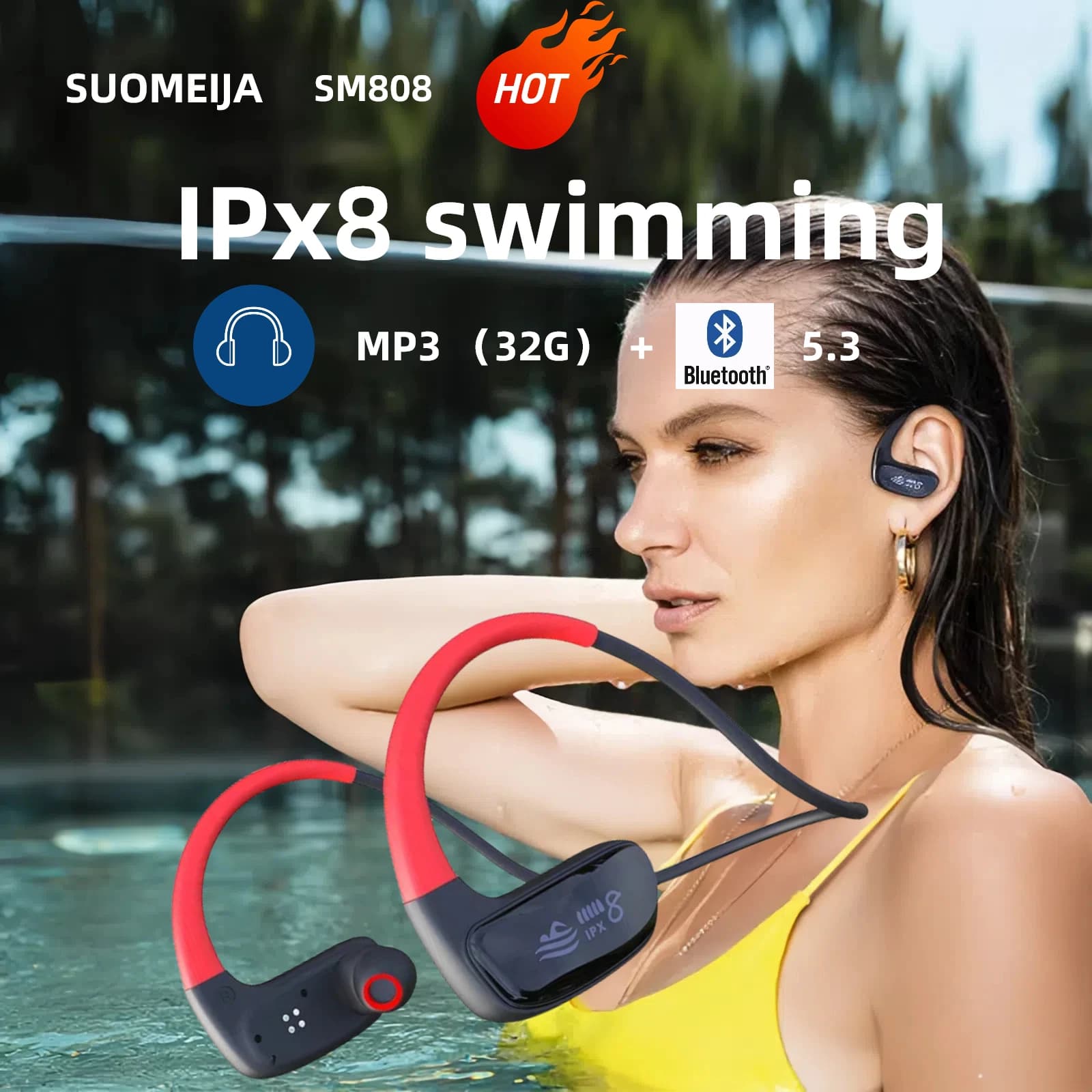 Suomeija Bluetooth 5.3 wireless IPX8 waterproof for swimming/current/palestra 12 hours playback with charging case Sports accessories
