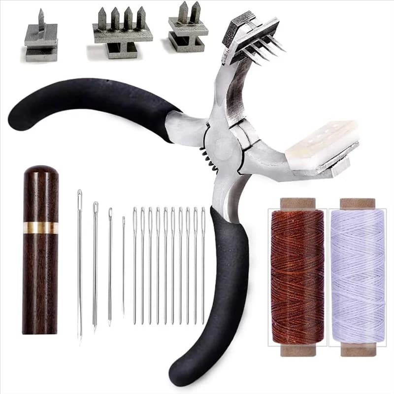 A74E-Waxed Thread, Stitching Hole Punch, Silent Rhombus Leather Hand Pliers, Wooden Needle Case For Belts, Straps Shoes