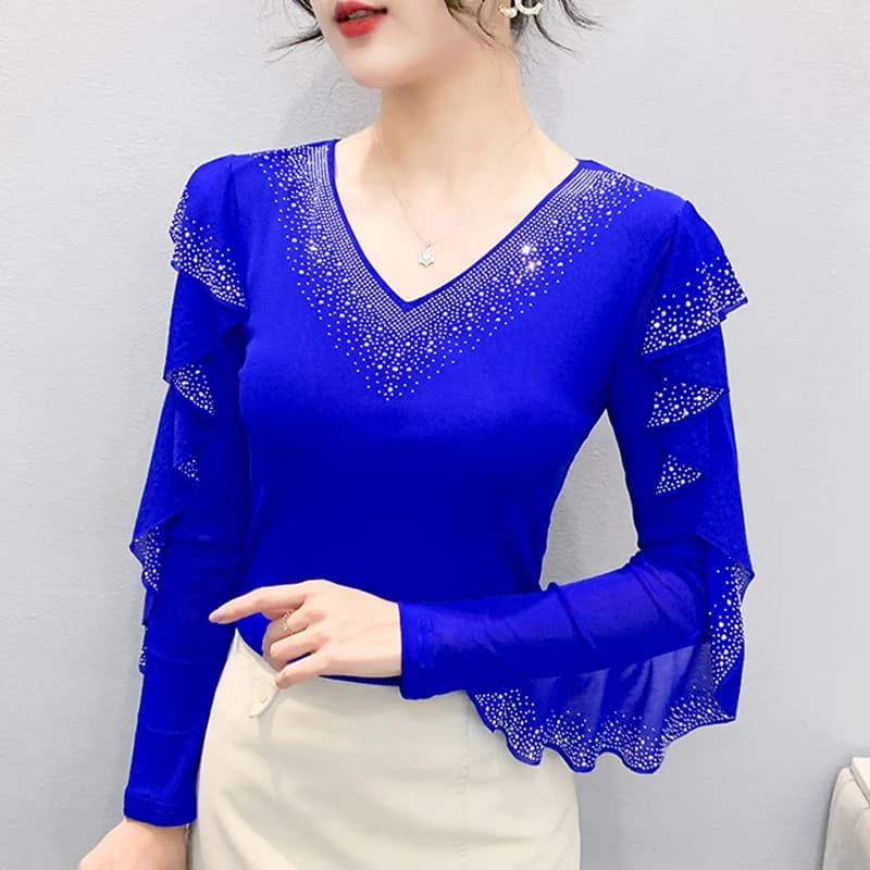 2025 autunno nuovo stile maglia top moda coreana girocollo volant camicia foglia di loto bordo diamante caldo manica lunga maglietta da donna
