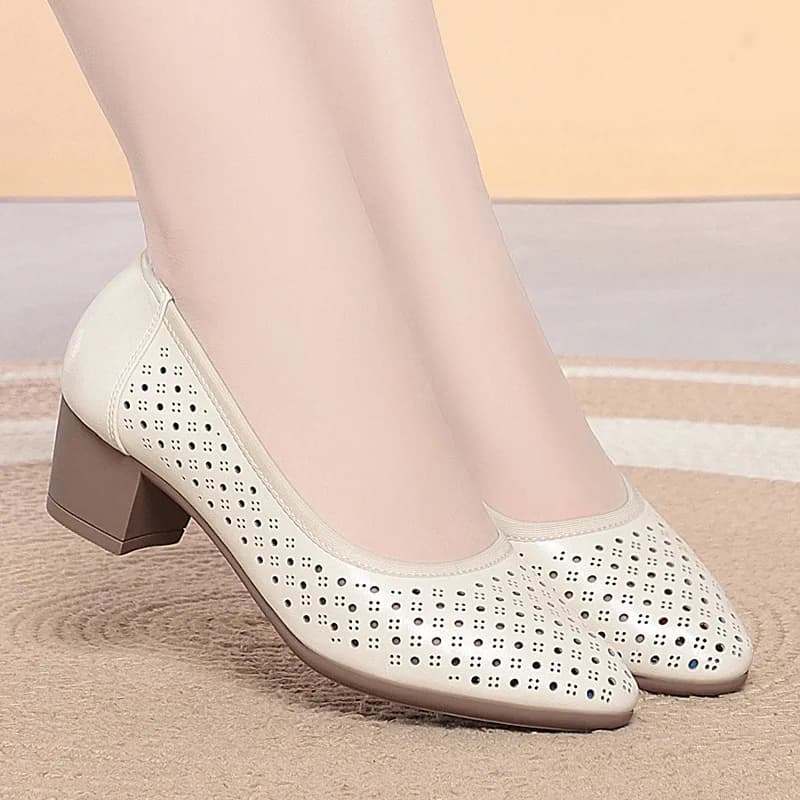 Beige Mary Jane Shoes With Adjustable Ankle Strap Low Block Heel Square Toe Hollow Out Casual Comfortable Work And Daily Wear
