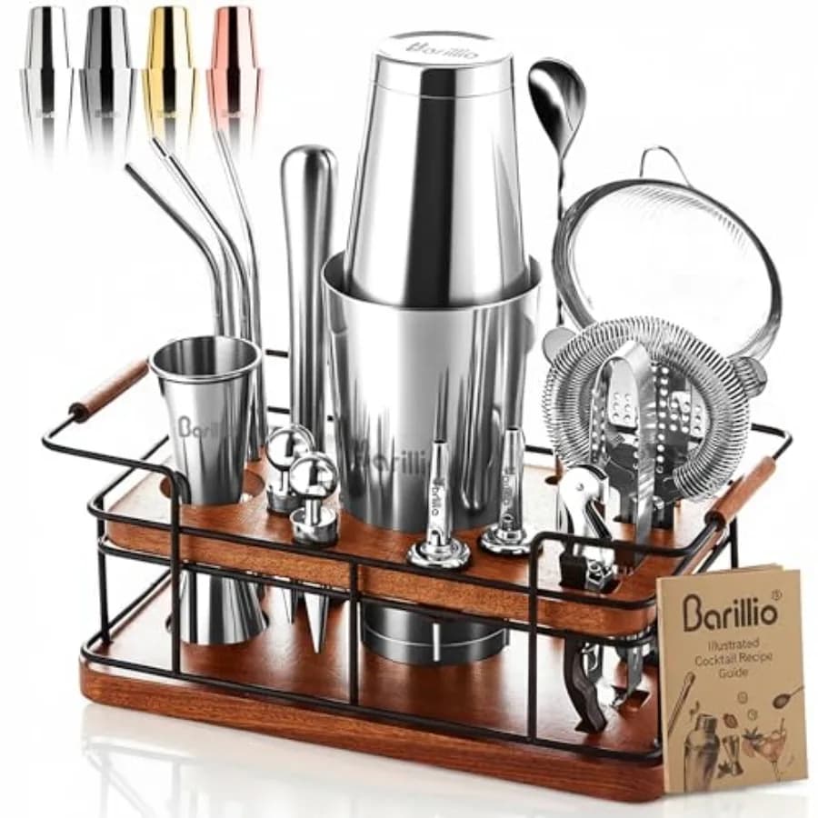Set da Barman Barillio 23 Pezzi in Acciaio Inox con Supporto in Mogano Africano Premium, Kit per Cocktail e Martini