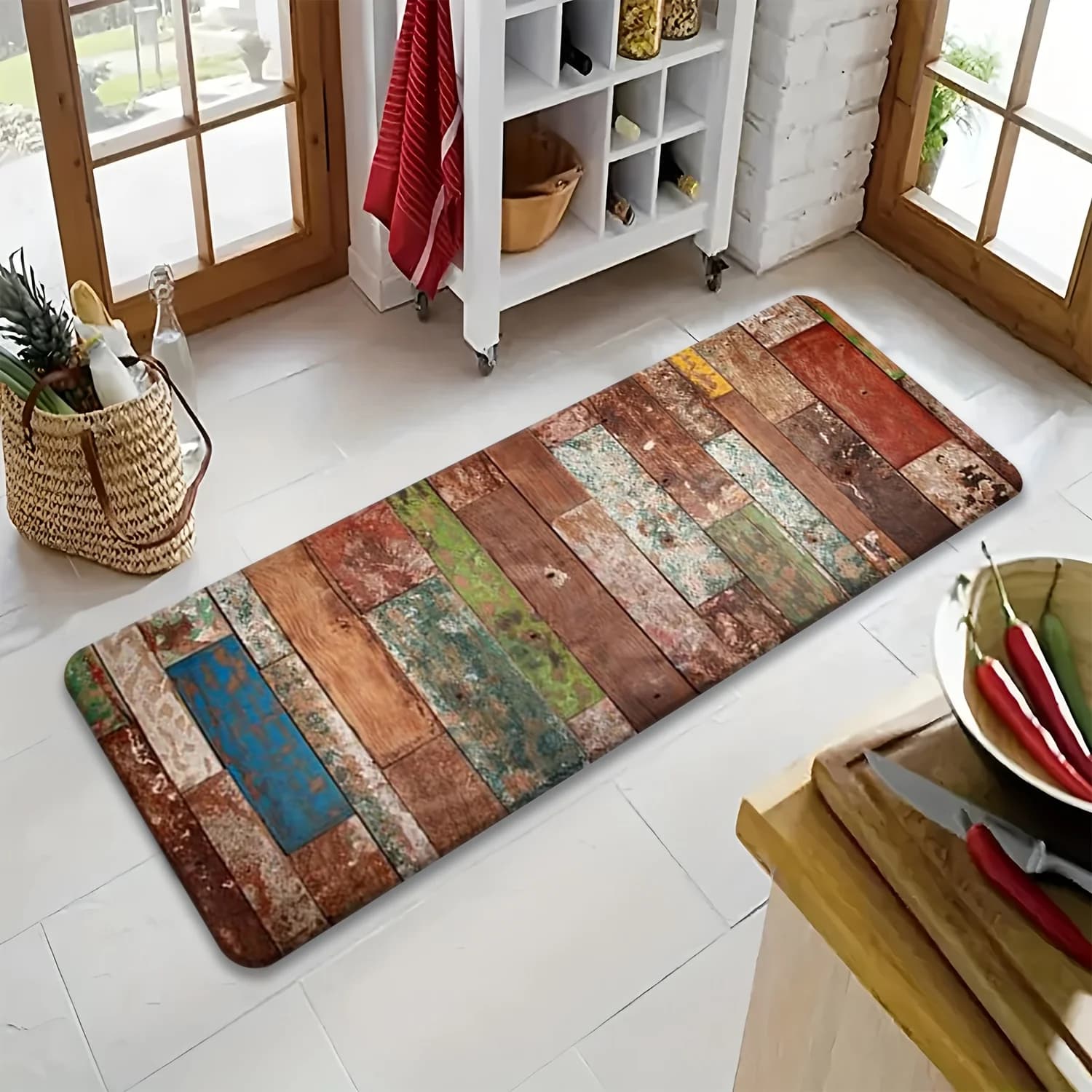 Mid Century Modern Kitchen Mat Abstract Fan Runner Rug Blue Cream Geometric Sunburst Hallway Entrance Floor Carpet Decor