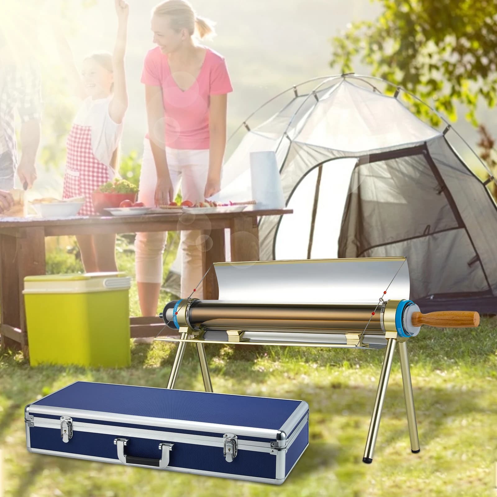 Camping portable solar grill, kitchen utensils and survival equipment, multifunctional solar oven, outdoor barbecue tools
