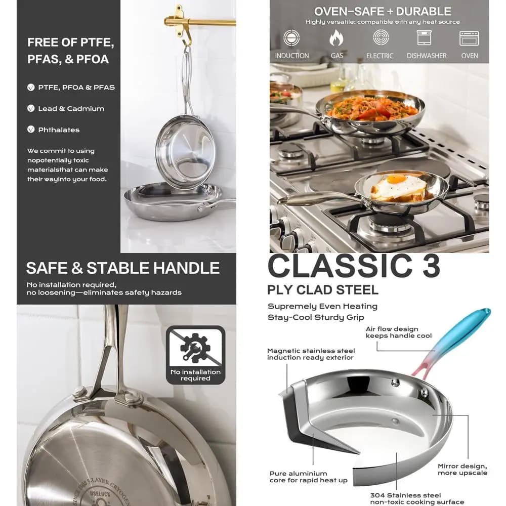 20 cm Tri-Ply stainless steel pan with Cover, Non-toxic, Uniform heating, Cold manics, Induction and Oven