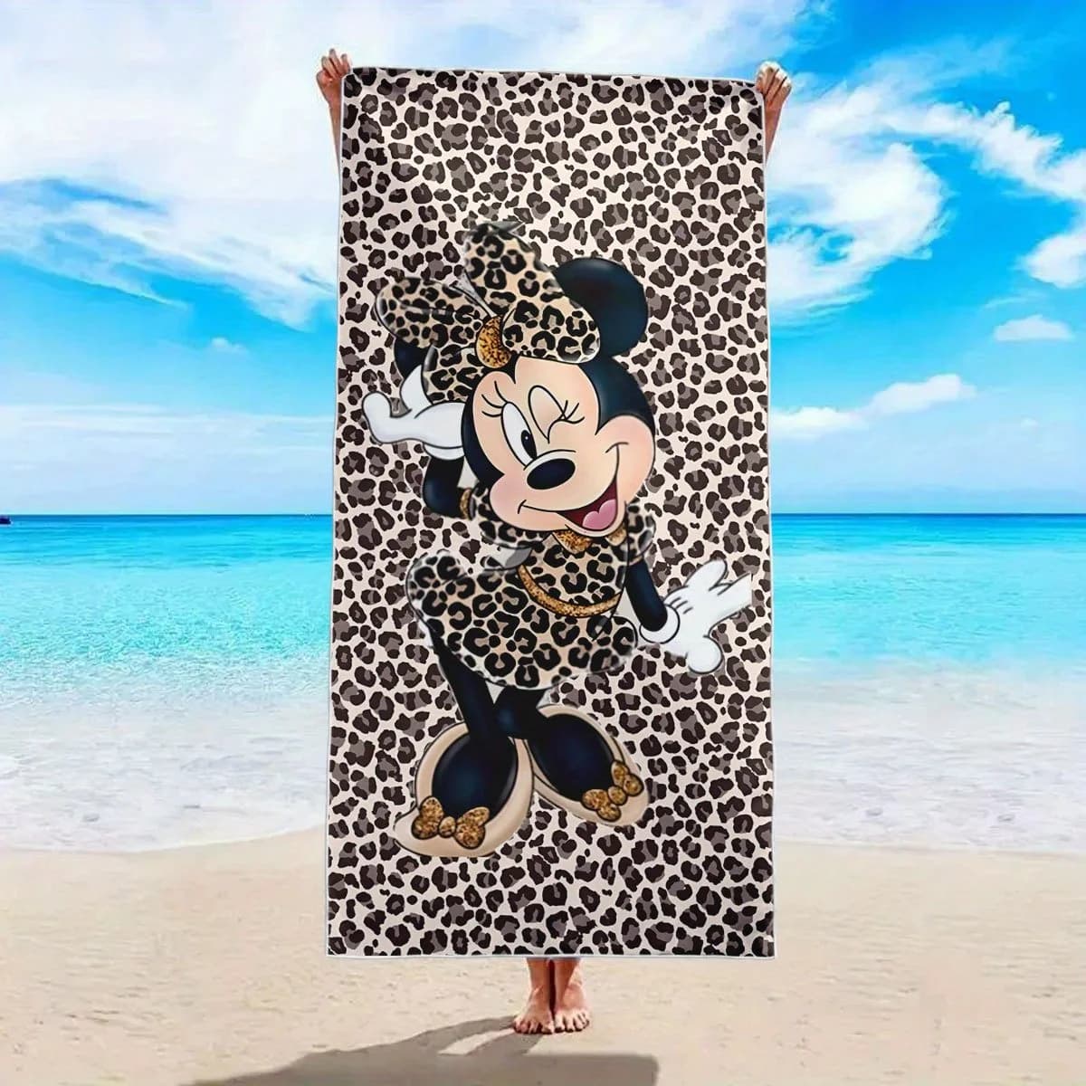 1 pezzo di stampa leopardata incontra il telo mare con motivo cartoon Minnie ad asciugatura rapida, adatto per il nuoto in spiaggia, il campeggio e i viaggi