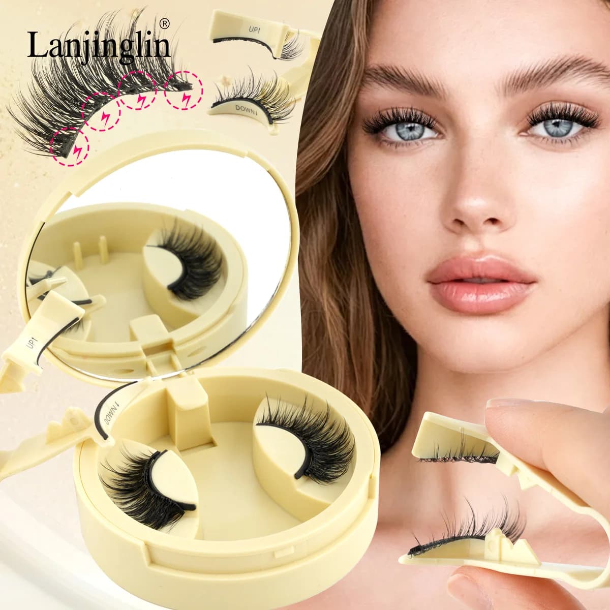Lanjinglin 1 Natural Magnetic Eyelashes Paio in Visone, Reusable Fin Eyelashes with Grips Set and Extension Mirror Eyelash