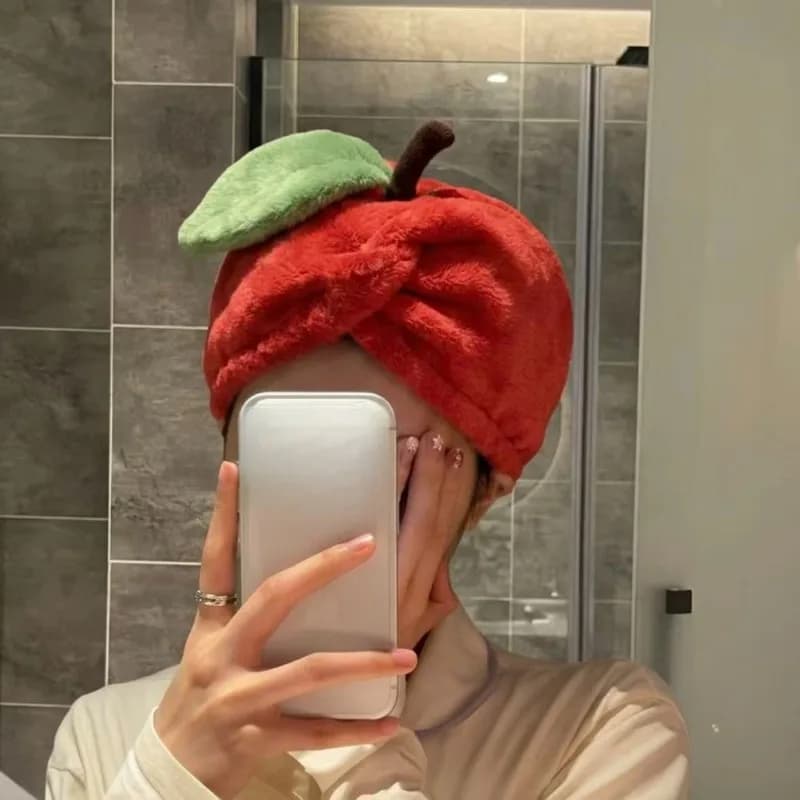 Cute Apple Shape Hair Drying Cap Super Absorbent Quick Dry Coral Fleece Towel Thickened Shower Bath Cap
