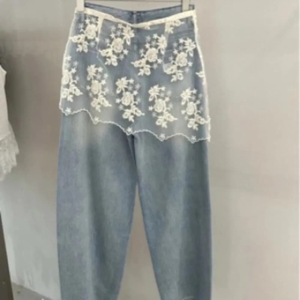 Jeans Decor Lace Fart Curtain Sheer Slim Fit Embroidery Flower Lace Half Skirt Sweet Side Button See Through Apron Skirt