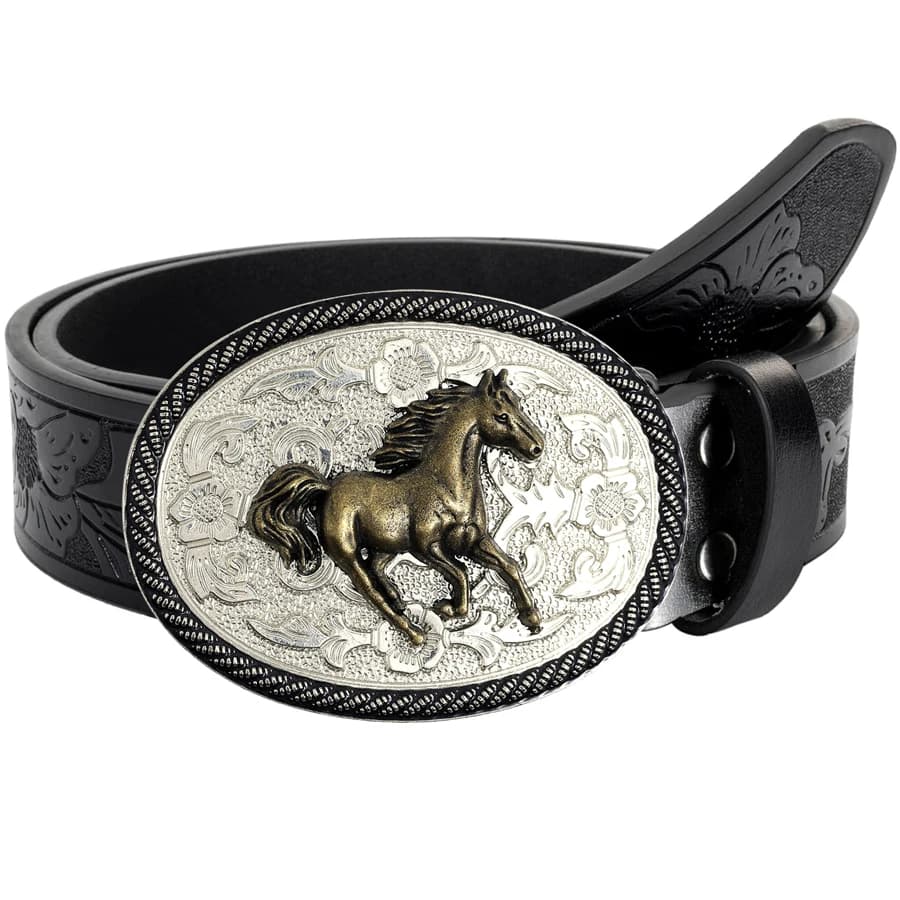 1 men's belt in western style, horse, printed, pattern carved with flowers and long horn decorations, retro style, great Valentin
