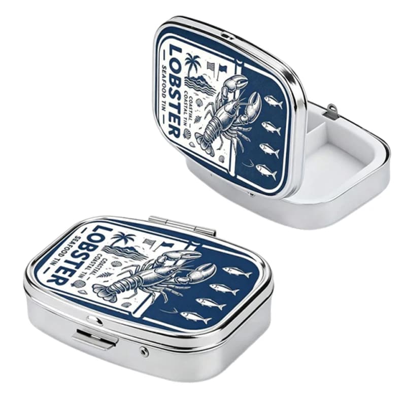1Pcs Sardines Print Metal Pill Box, Portable 2-Compartment Travel Pill Organizer For Vitamins & Pills