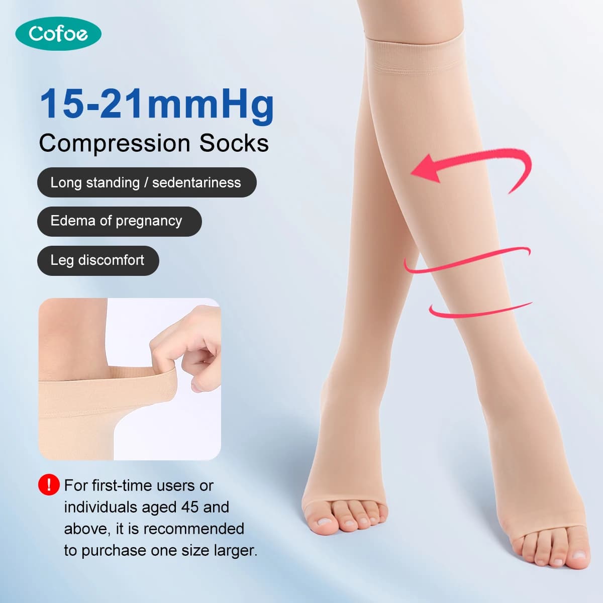 Calzini a compressione Cofoe S-XXL Medico Prevenire le vene varicose Tubo di supporto senza dita per donna Uomo 1 paio Ginocchio antiscivolo