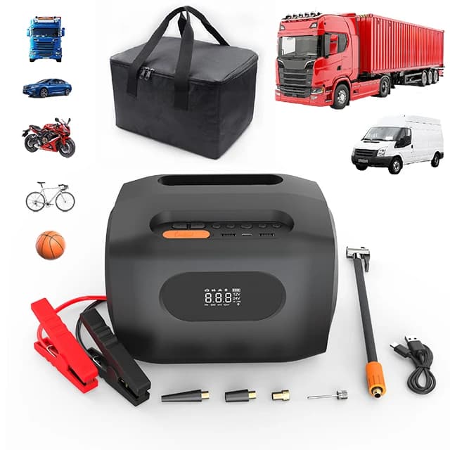 12V/24V Jump Starter Truck Air Compressor Battery Booster and Flashlight Powerful Truck Jumper with Power Bank