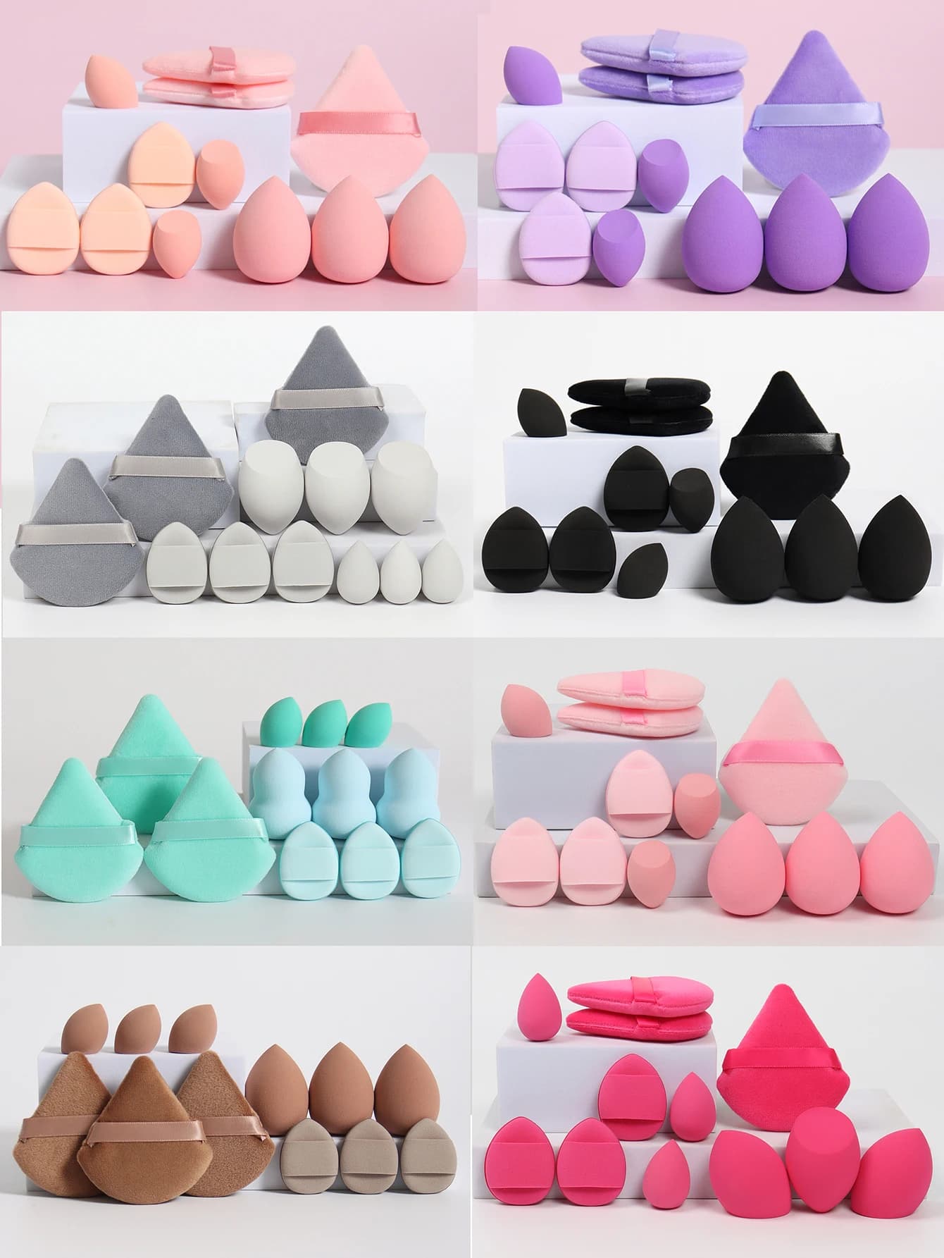 A set of 12 pieces of sponges for versatile make-up, consisting of 3 bulky cypria studs, 3 mini powder with pillow, 3 beauty eggs and