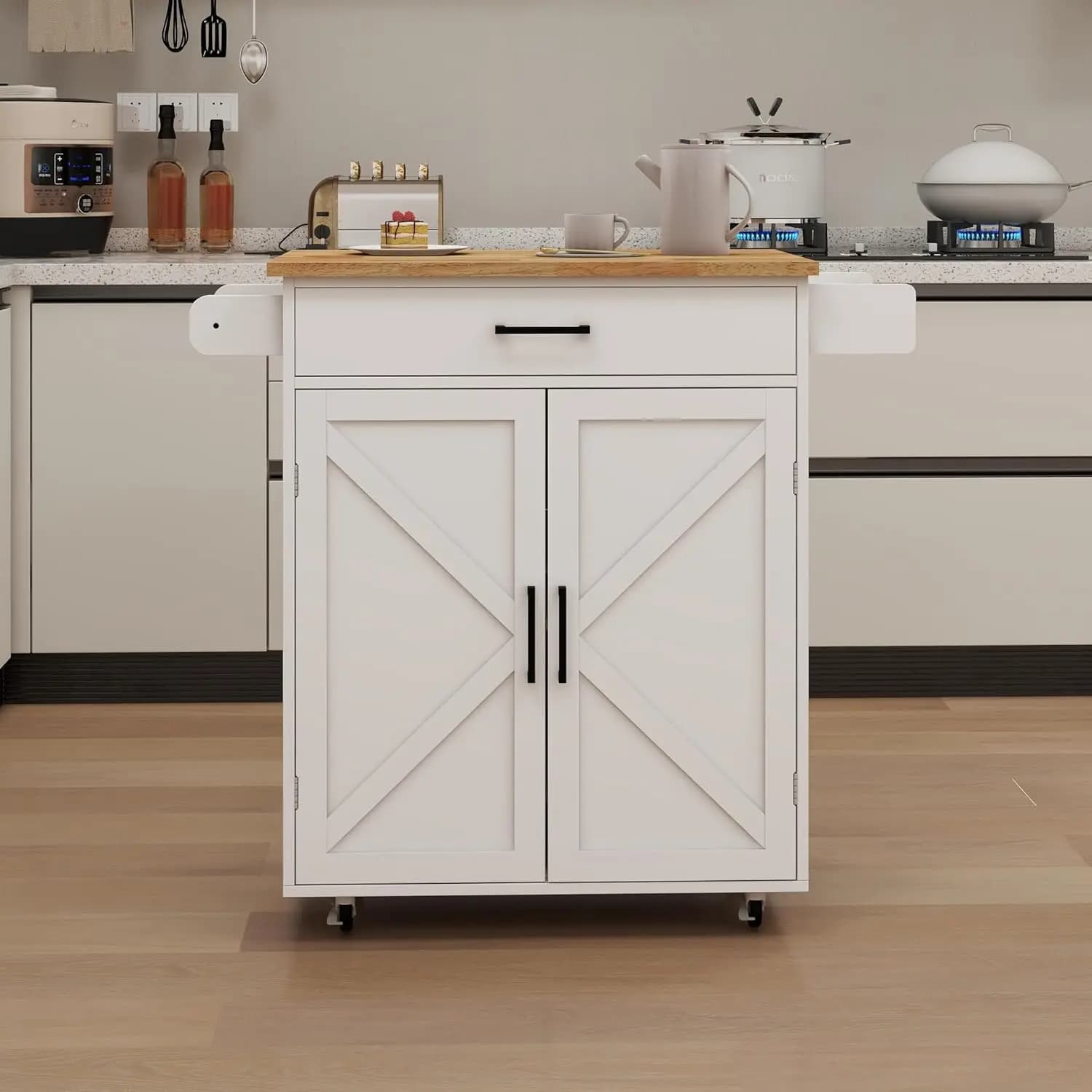 Isola da Cucina con Spazio di Stoccaggio e Piano di Lavoro, Carrello Mobile con Cassetti, Armadietti, Porta Spezie e Portasciugamani, Personalizzabile