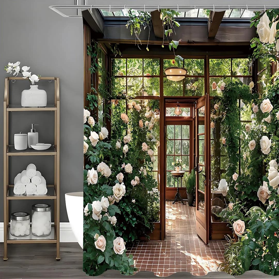 Tenda da doccia per piante di fiori con boccioli di rosone, tenda da doccia decorativa per il bagno, tenda da doccia impermeabile con ganci