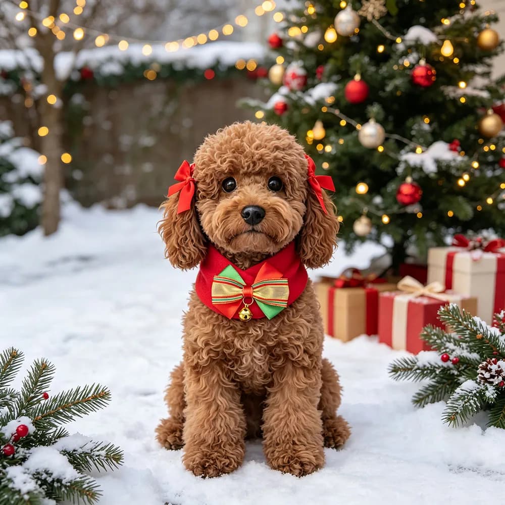 1 set Dog Collar Scarf with Bell Bow , Christmas Hair Bow and Dog Collar with Light Adjustable Buckle Suitable for Small Medium