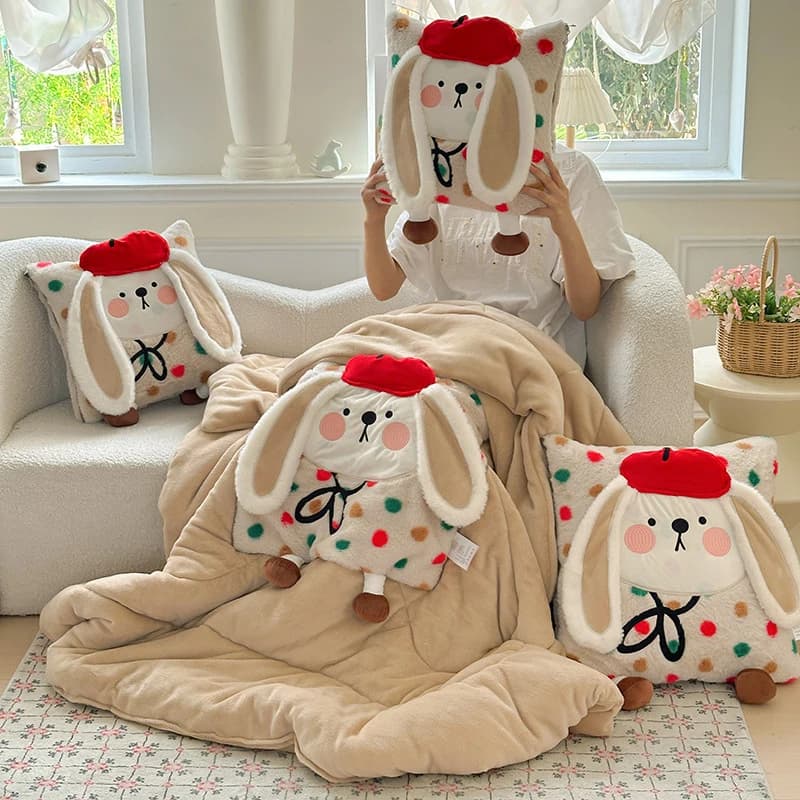 Nuovo Arrivo 2025: Cuscino-Coperta 2 in 1 in Peluche Lungo a Forma di Coniglio Rosso, Cuscino Pieghevole Ispessito per Pisolino in Ufficio, Morbido Cuscino Lombare per Auto, M