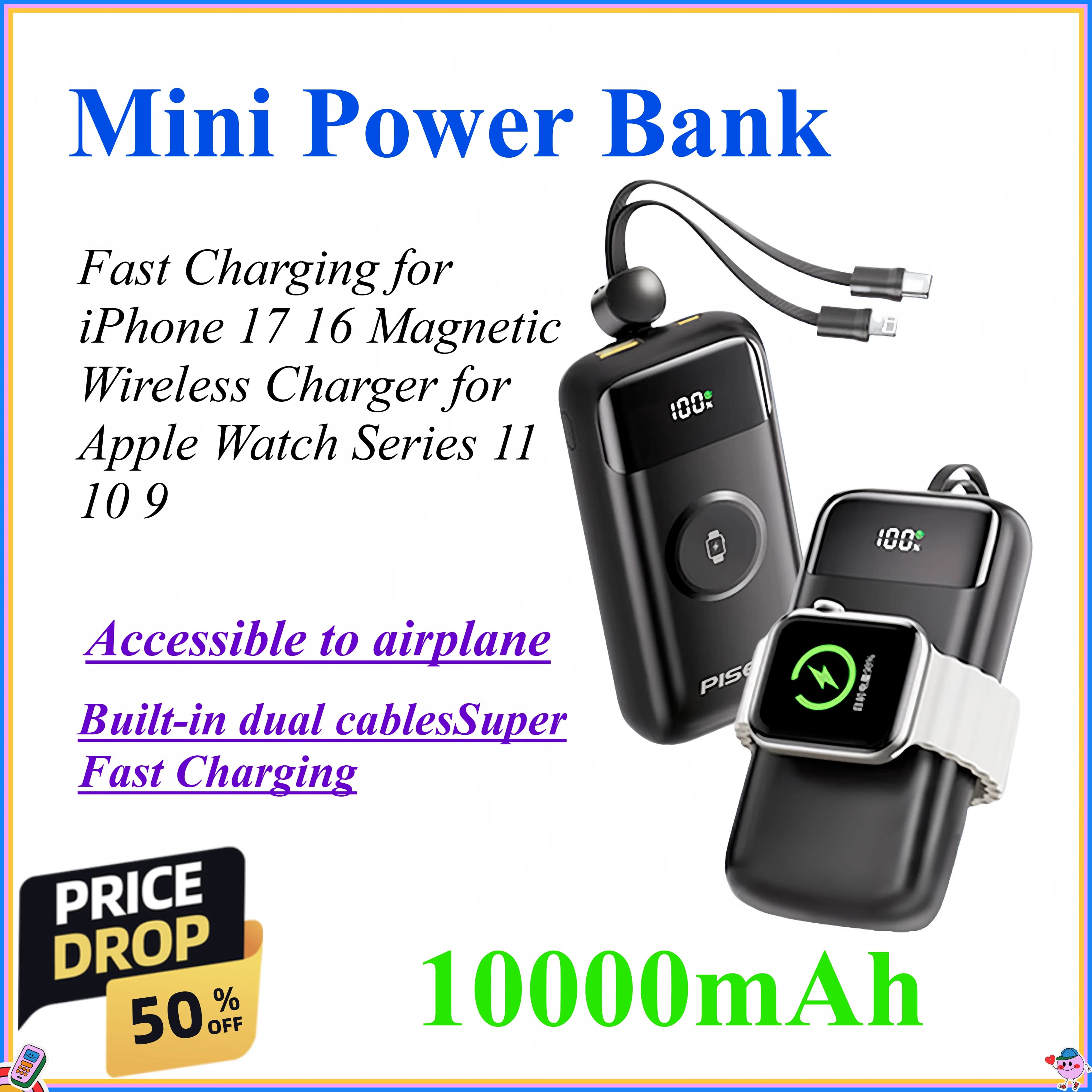 Power Bank Mini da 10000mAh con Ricarica Rapida 22.5W per iPhone 17 16, Caricatore Wireless Magnetico per Apple Watch Serie 11 10 9