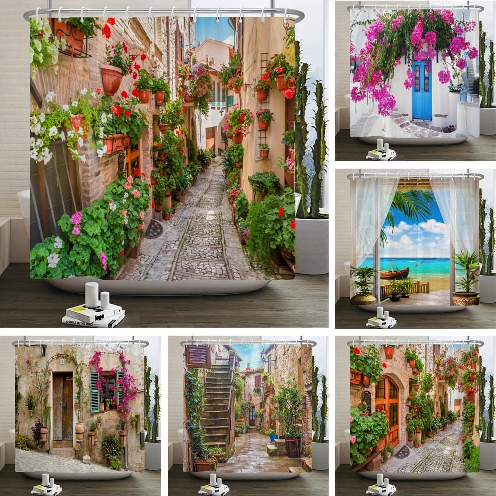Tende da bagno stampate in 3d impermeabili per bagno con tenda da doccia per giardino europeo rurale con 12 ganci in tessuto di poliestere