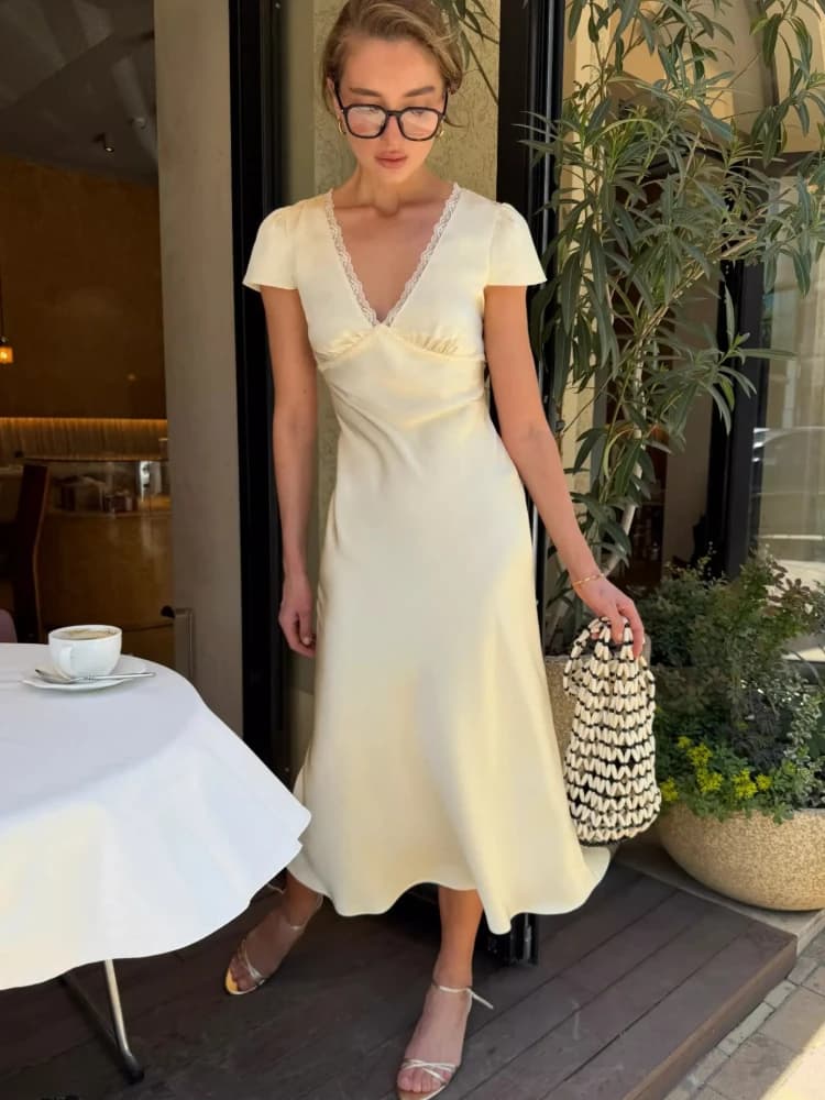 Women Elegant Satin Lace Trim Midi Dress Solid Lace Patchwork Short Sleeve V-Neck Summer Dresses 2026 Summer New Holiday Robes
