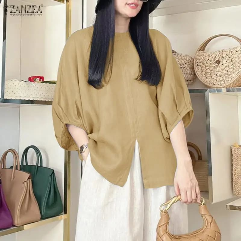 2026 ZANZEA Elegante Camicetta da Donna con Scollo a O e Maniche a 3/4, Tinta Unita Estiva, Casual, Ampia, da Lavoro, Oversize