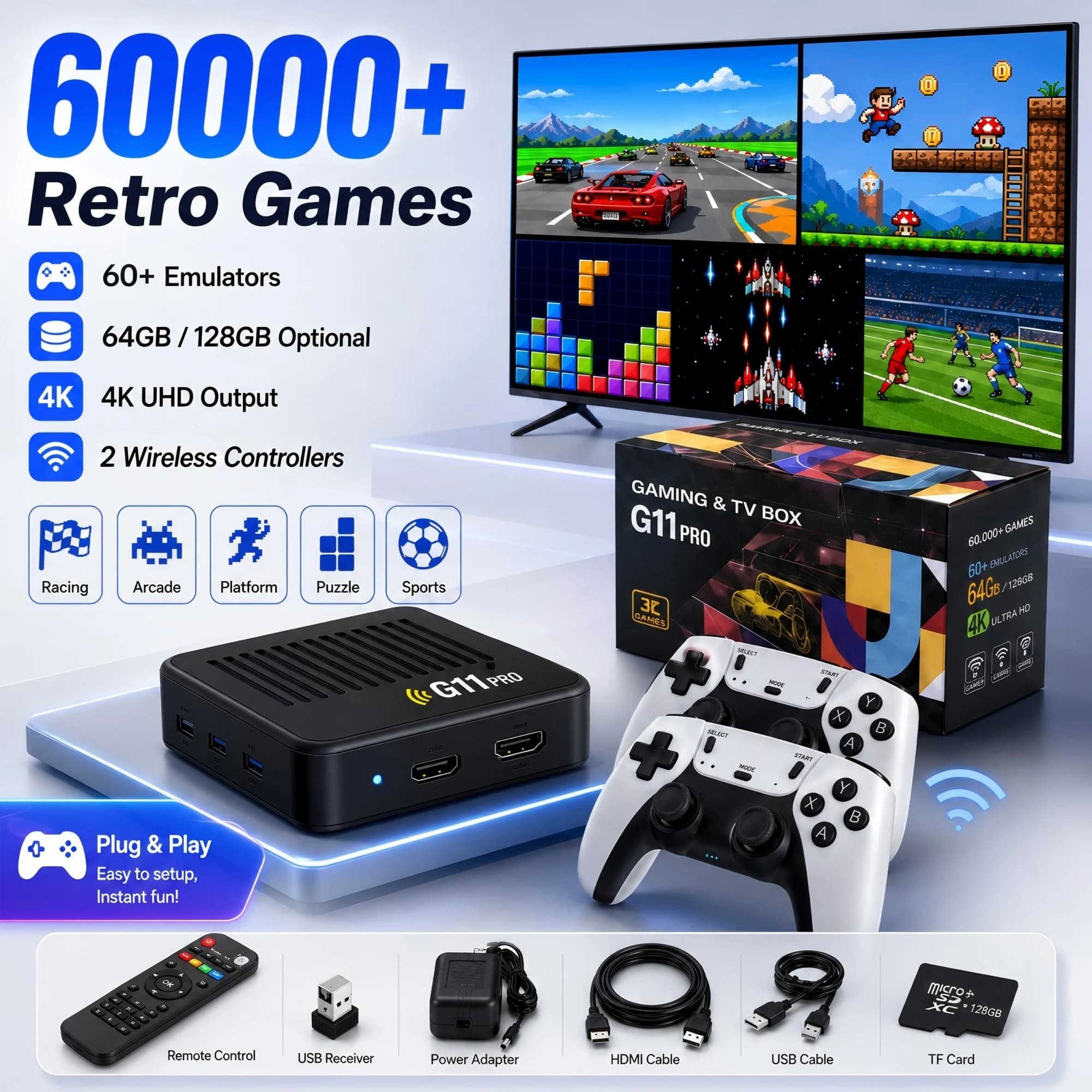 G11 PRO 2 In 1 TV & Gaming Box 4K HDMI Output Dual Band WiFi Dual System Multi Game System Preloaded Classic Offline Games
