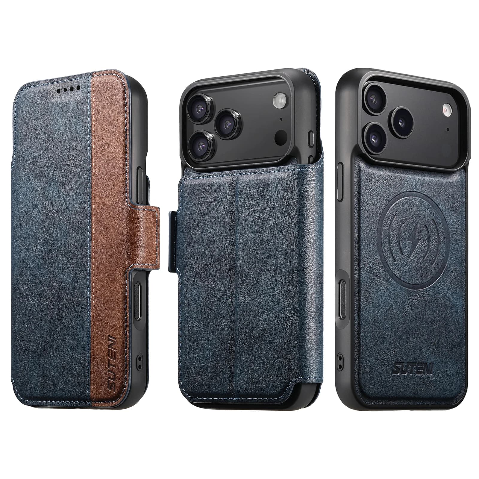 SUTENI Custodia per telefono in ecopelle con ricarica wireless, porta carte, supporto e cover magnetica a libro per iPhone 17 Pro Max 16 Plus 15