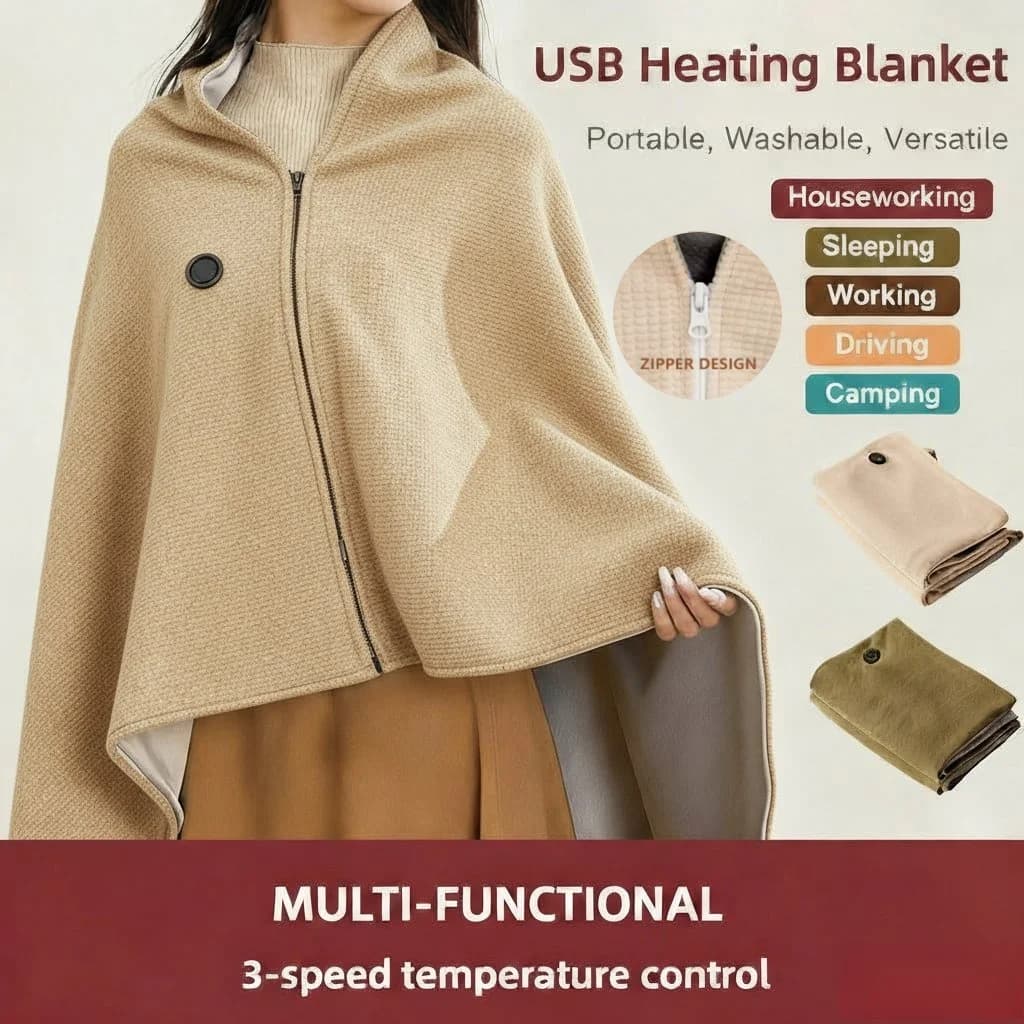 Coperta riscaldata elettrica indossabile Temperatura a 3 velocità Ricarica USB Scialle riscaldante portatile in grafene per uso esterno in ufficio domestico