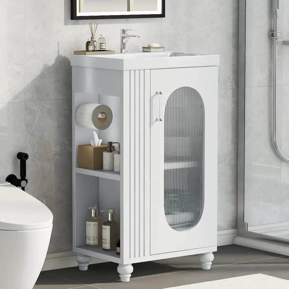 Set da bagno compatto LUMISOL con lavabo, mobiletto, porta carta igienica e ripiano aperto, realizzato in legno massello