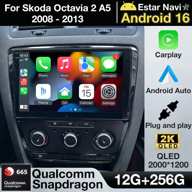 Autoradio Android 16 Wireless Carplay per Skoda Octavia 2 A5 2008-2013 Nera con 5G WIFI, Stereo, 4G LTE, BT, DSP, GPS