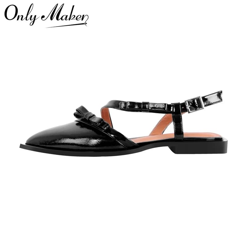 Onlymaker Women Pointed Toe Black Matte Strap Retro Elegant Plus Size Daily Slingback Flats