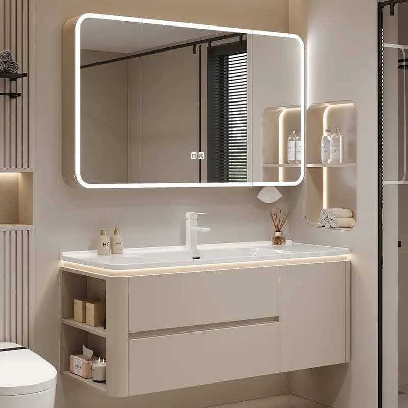 Mobile Bagno Moderno Intelligente Impermeabile con Lavabo Integrato in Ceramica e Specchio Contenitore