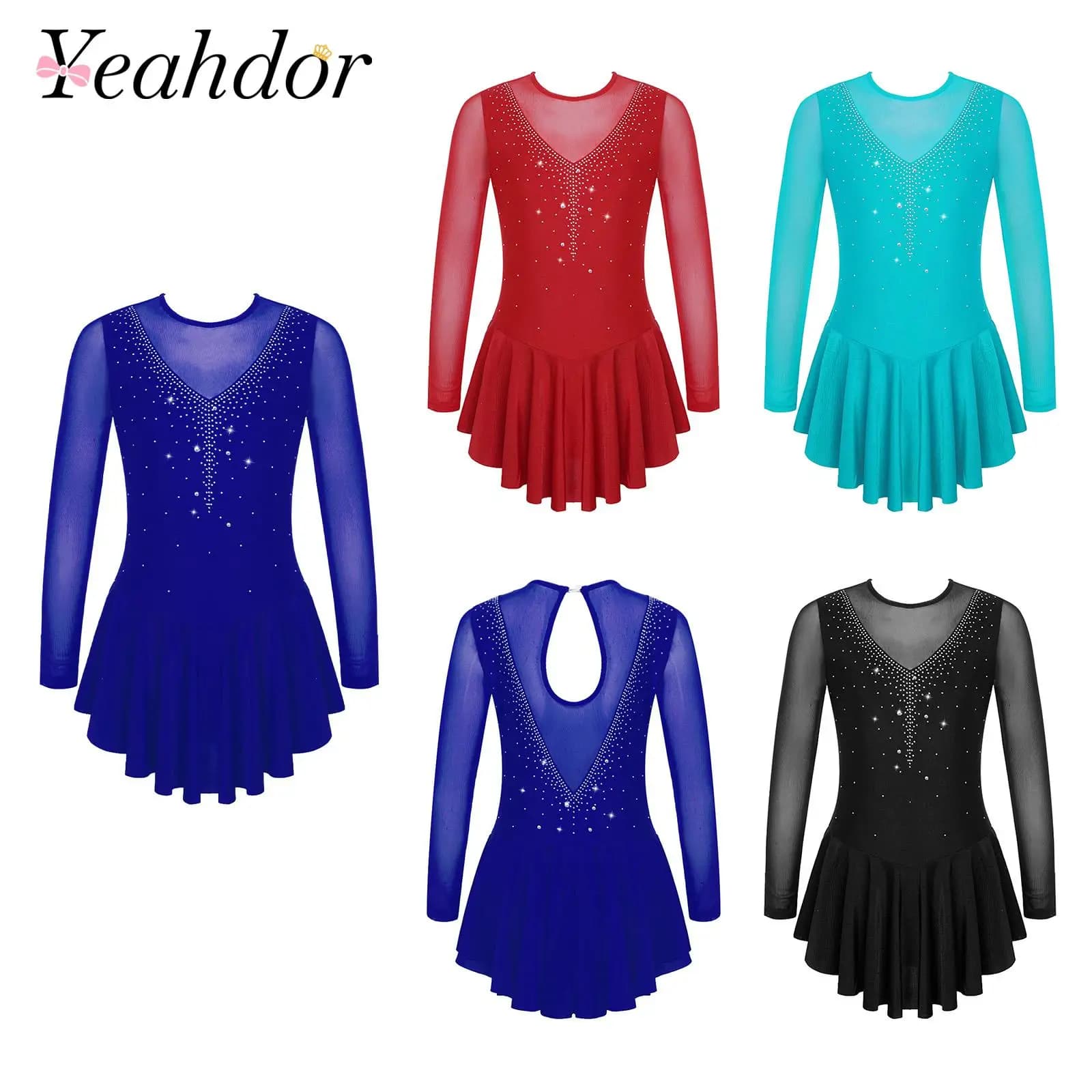 Vestito da pattinaggio di figura con strass per ragazze Abiti da balletto per bambini Giuntura in rete Body per pattinaggio su ghiaccio lirico Performance Dancewear