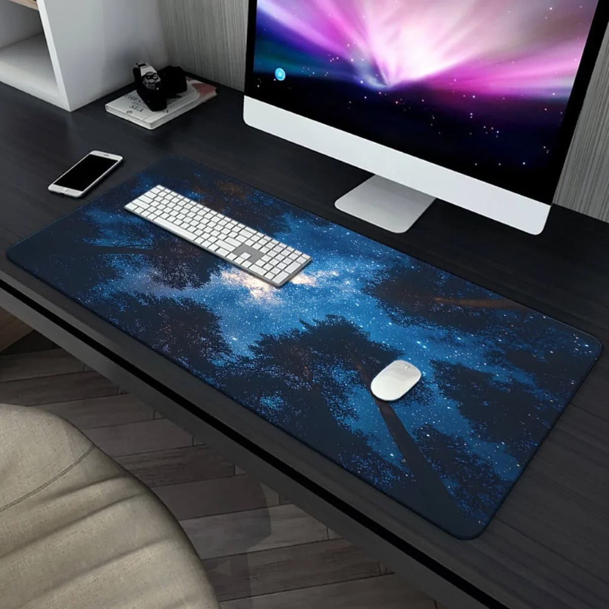 Tappetino per Mouse XXL con Cielo Stellato e Alberi, Base in Gomma Resistente, Tappetino da Scrivania per Gaming e Ufficio