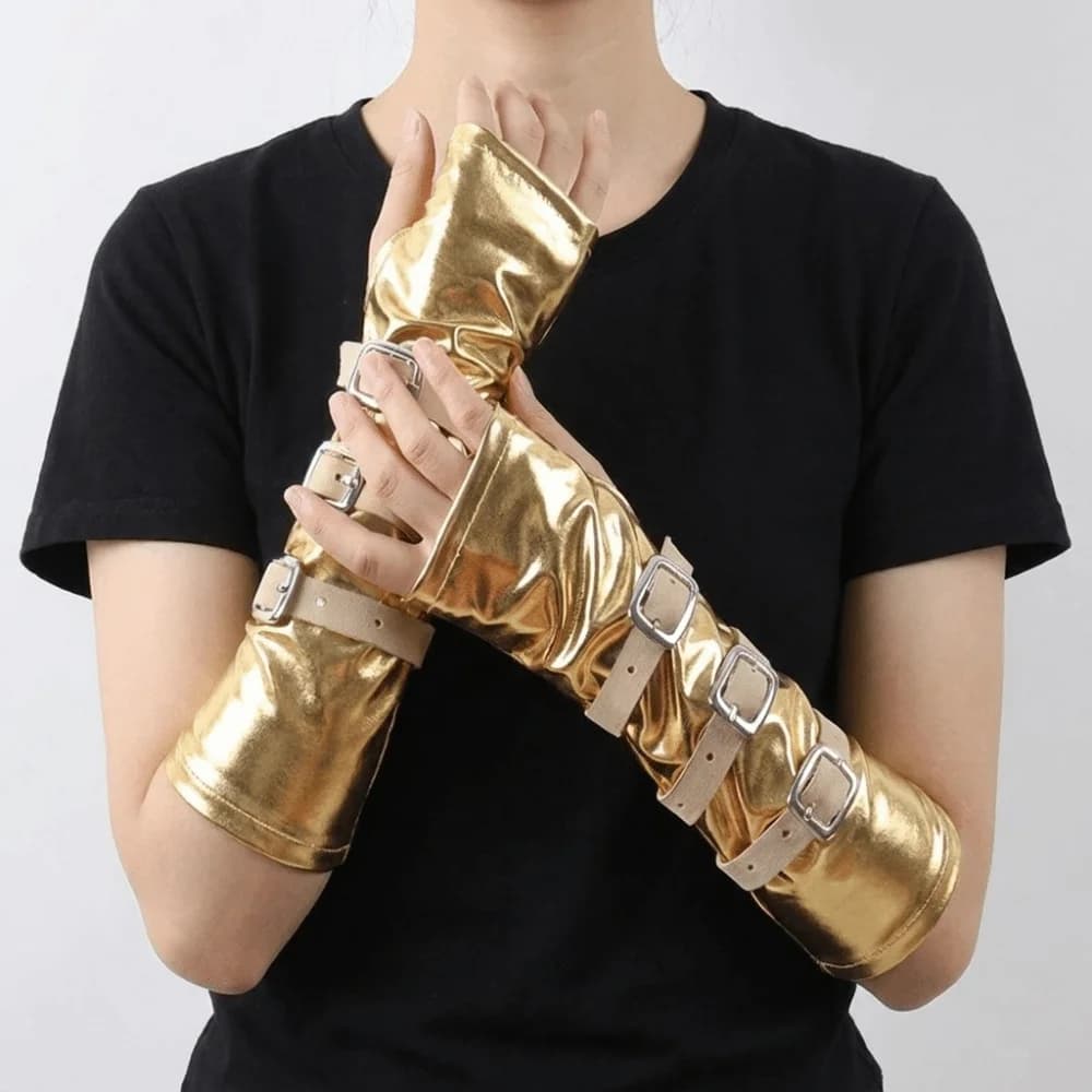 Solid Color Punk Arm Sleeves Metal Buckle Lacquer Leather Dark Gothic Arm Covers Lightweight Fingerless Half-arm Sleeve Gloves