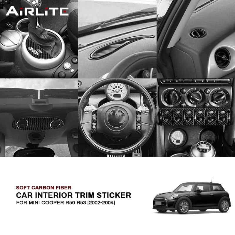 Per MINI Cooper R50 R53 2002-2004, Accessori Adesivi in Fibra di Carbonio Morbida per Pannello di Controllo Centrale, Leva del Cambio, CD e Bocchette dell'Aria