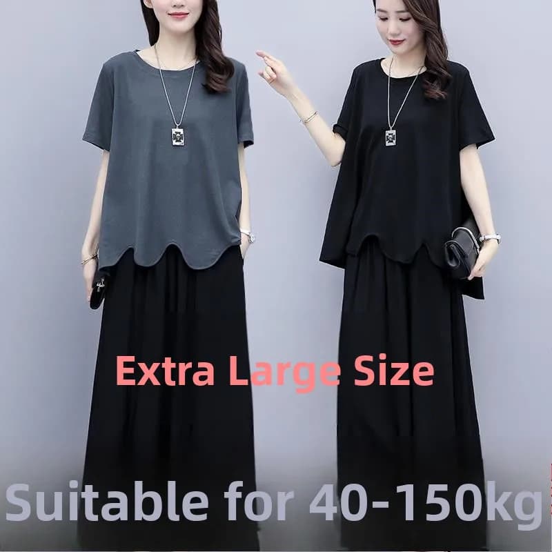 Completo casual estivo da donna taglie forti, set due pezzi con gonna e pantaloni che nascono la pancia, per donne formose fino a 113 kg