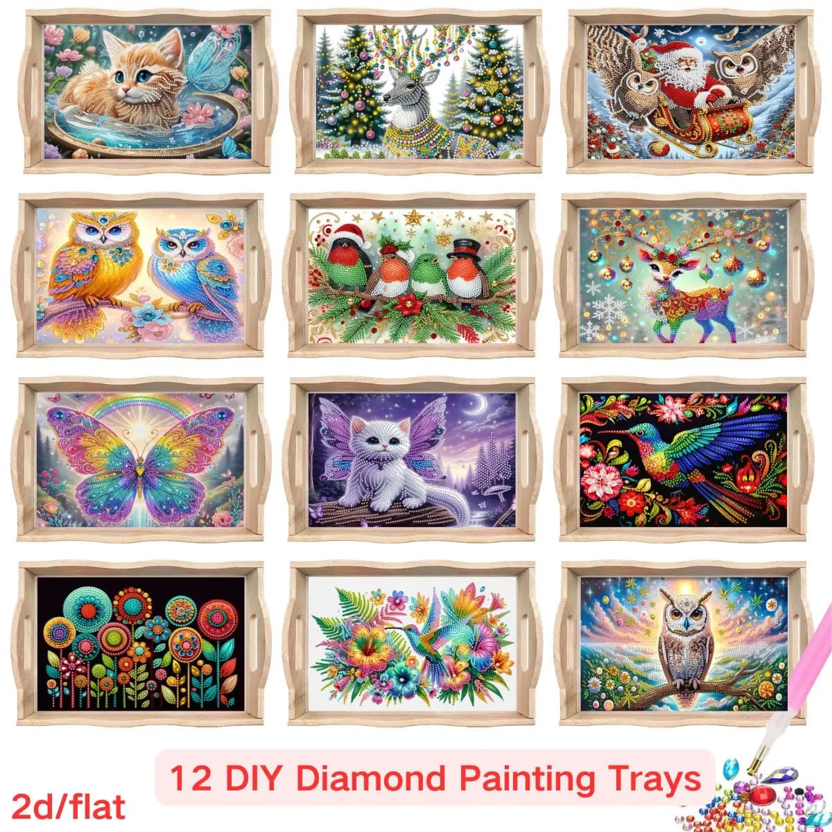 Un set di vassoi quadrati con pittura diamante fai-da-te con graziosi motivi di animali: un organizer da tavolo creativo perfetto per le feste natalizie.