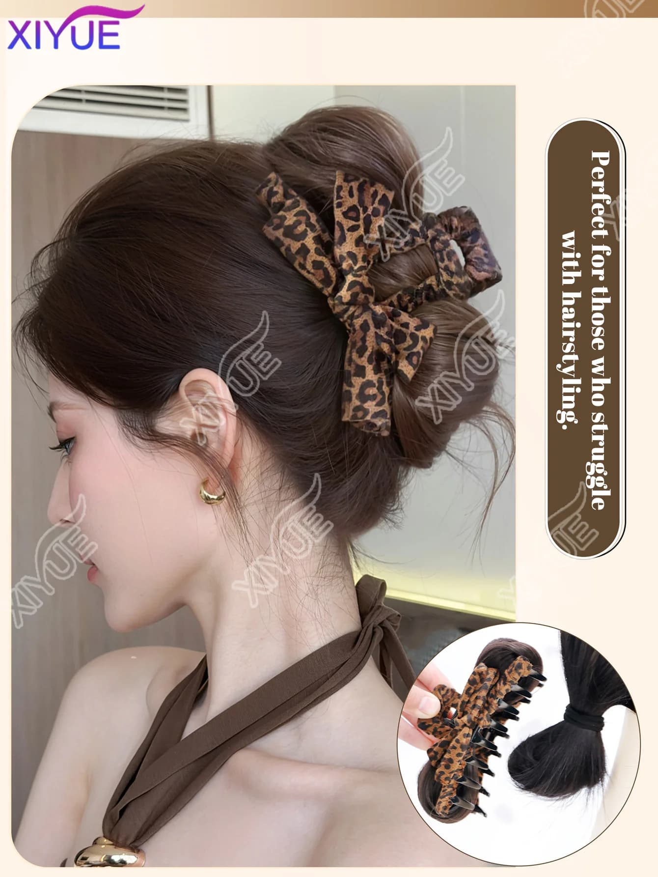 Fermaglio per capelli a forma di squalo con stampa leopardata XY Fashion, extension per coda di cavallo soffice, chignon riccio disordinato per donna, elegante per l'uso quotidiano