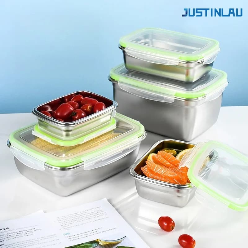 JUSTINLAU Set di 5 Contenitori Ermetici in Acciaio Inox 304 per Conservazione Alimenti, per Frigorifero e Pranzo Studenti
