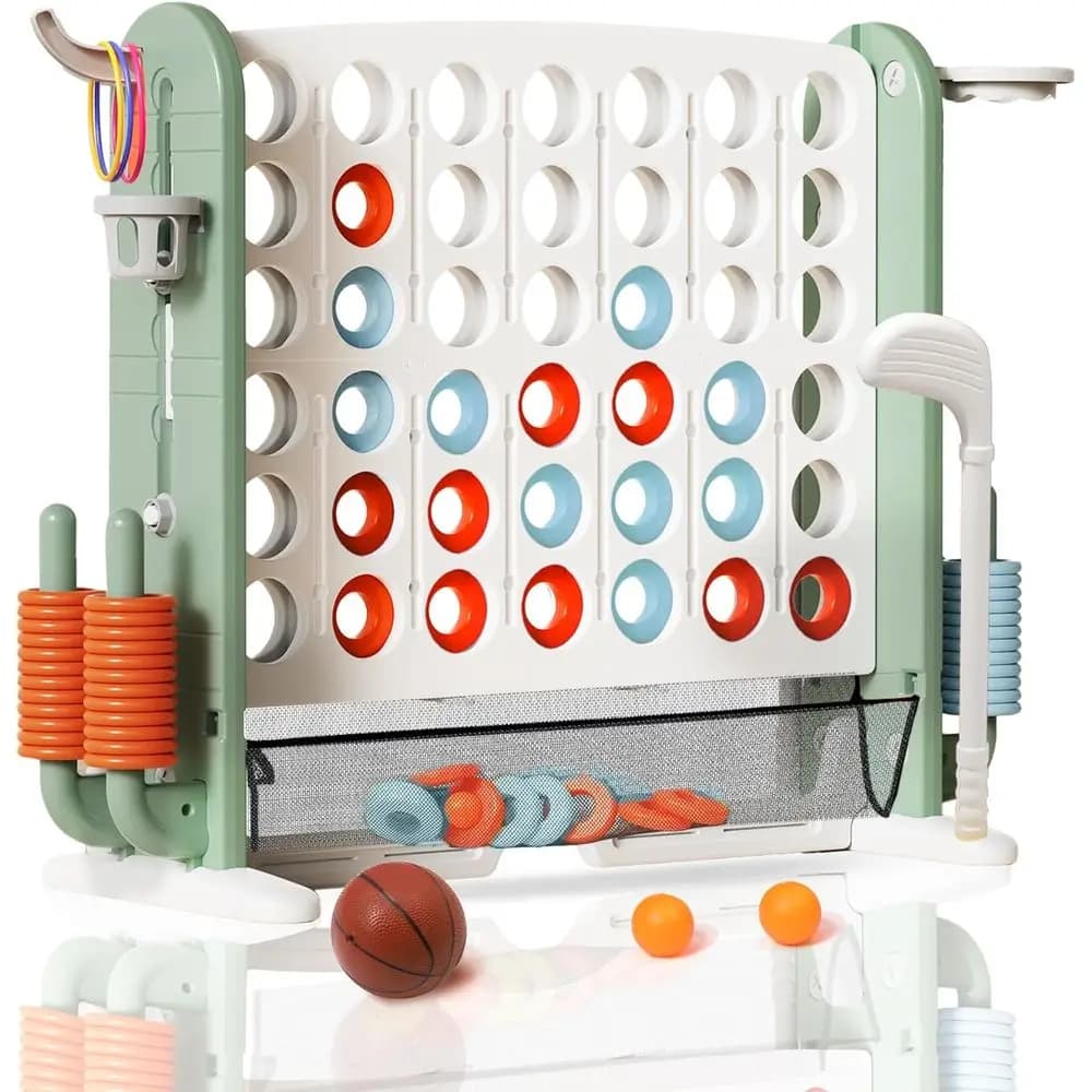 Set di Giochi da Esterno 4-in-1 Regolabile in Altezza: Jumbo 4-in-a-Row, Lancio degli Anelli, Basket e Golf - Ideale per il Divertimento in Giardino per Tutte le Età