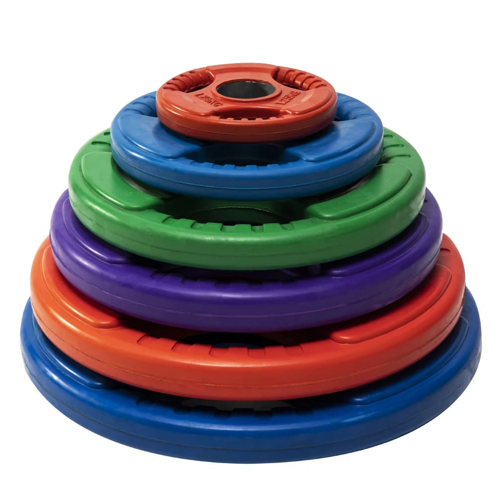 Discs with weight plate with cast iron barbell coated with 3 handles coloured rubber
