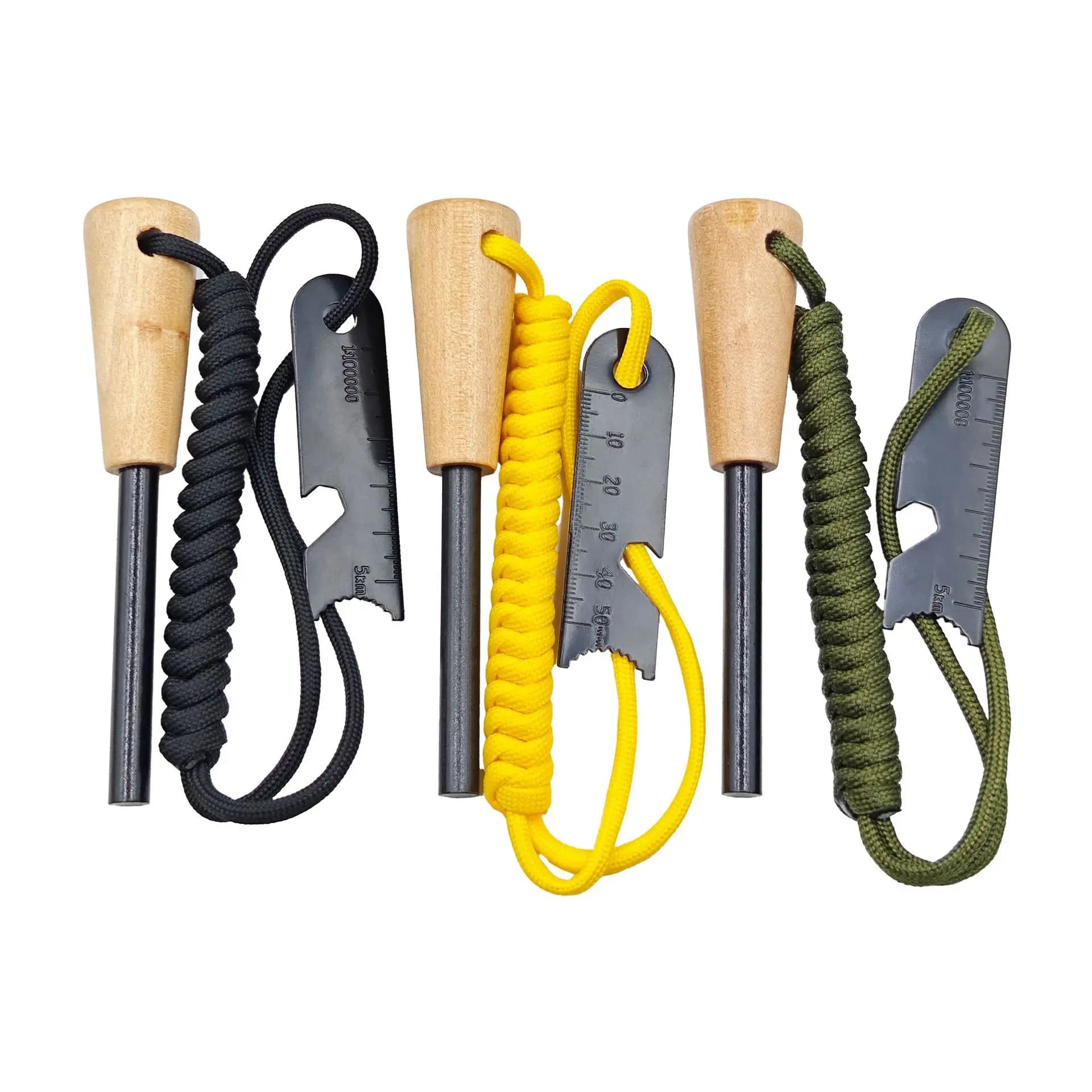 Strumento EDC Multifunzione con Apribottiglie, Corda Intrecciata, Impermeabile, Asta in Magnesio, Manico in Legno e Acciarino