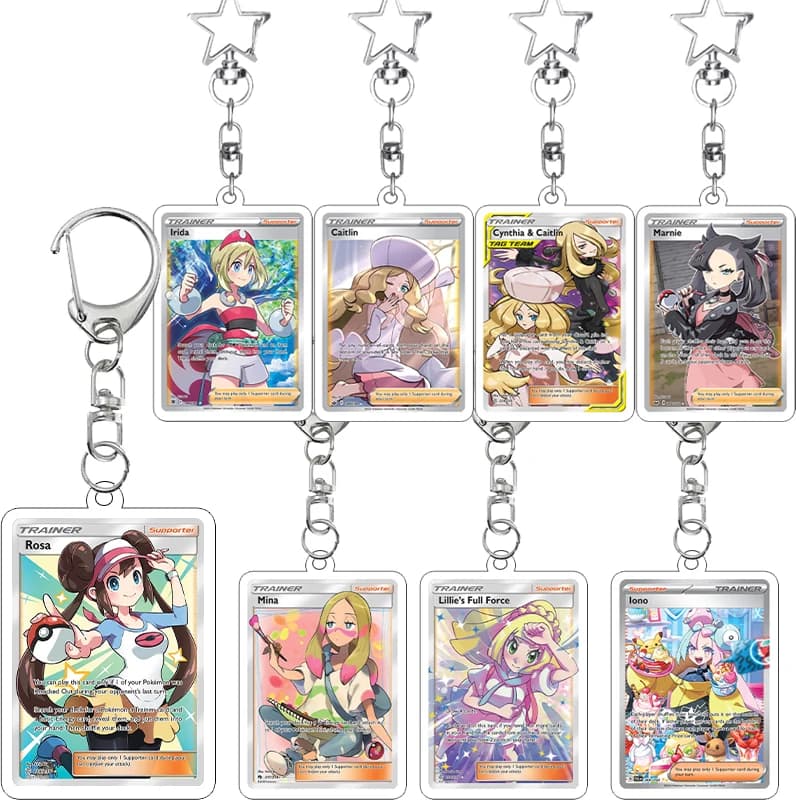 Portachiavi in acrilico a forma di carta da gioco Trainer PKM Anime Kawaii, ciondolo decorativo per borsa Professore Marnie Evelyn Dana